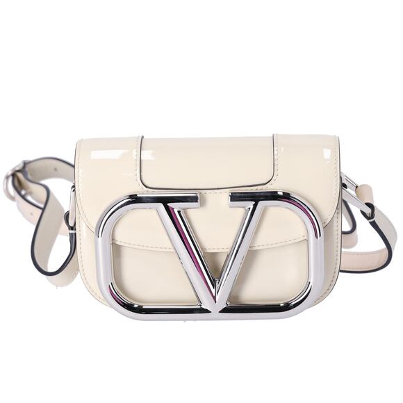 Valentino V logo Signature Shoulder Bag Cream Patent Leather - Picture 1 of 8